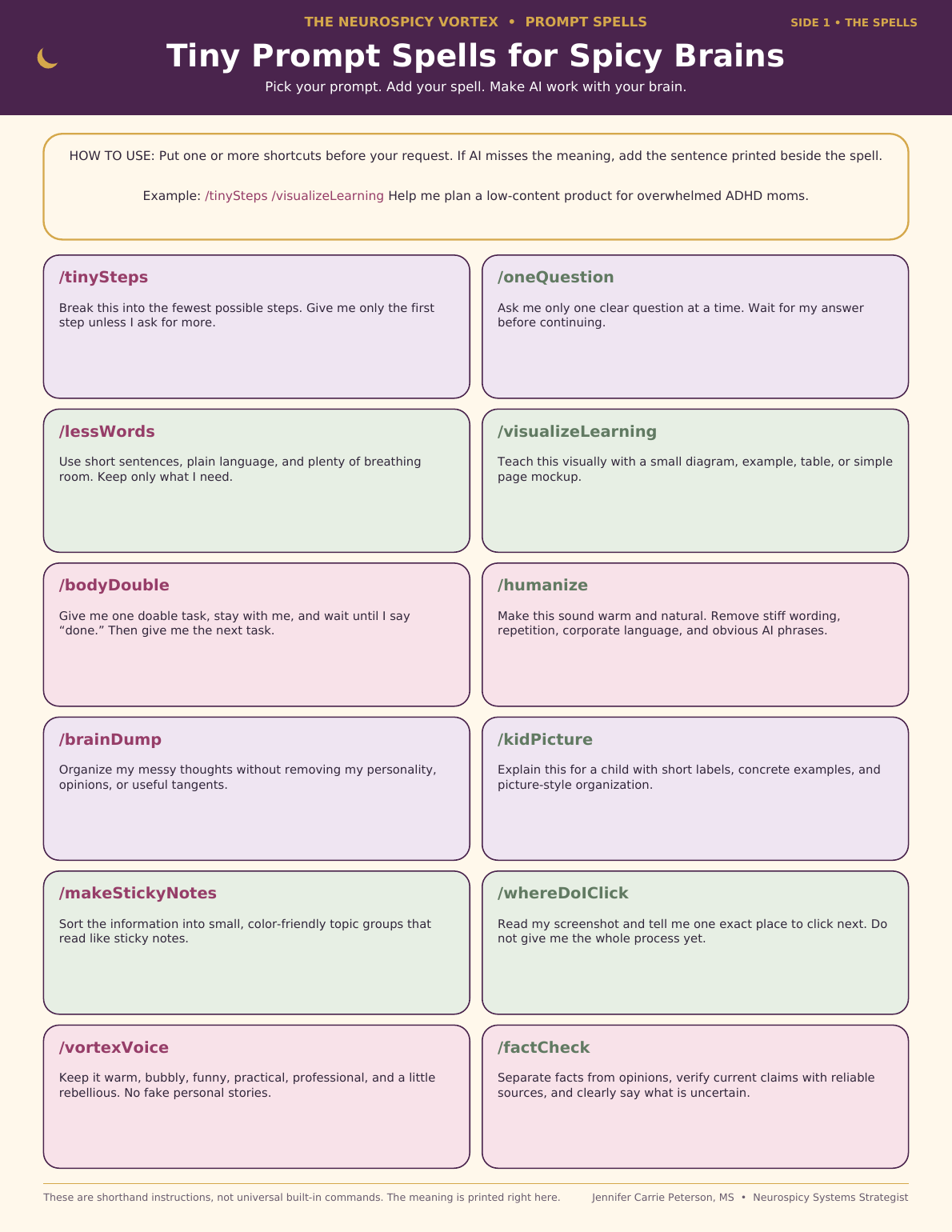 Front of Tiny Prompt Spells for Spicy Brains showing colorful ADHD-friendly AI shortcuts